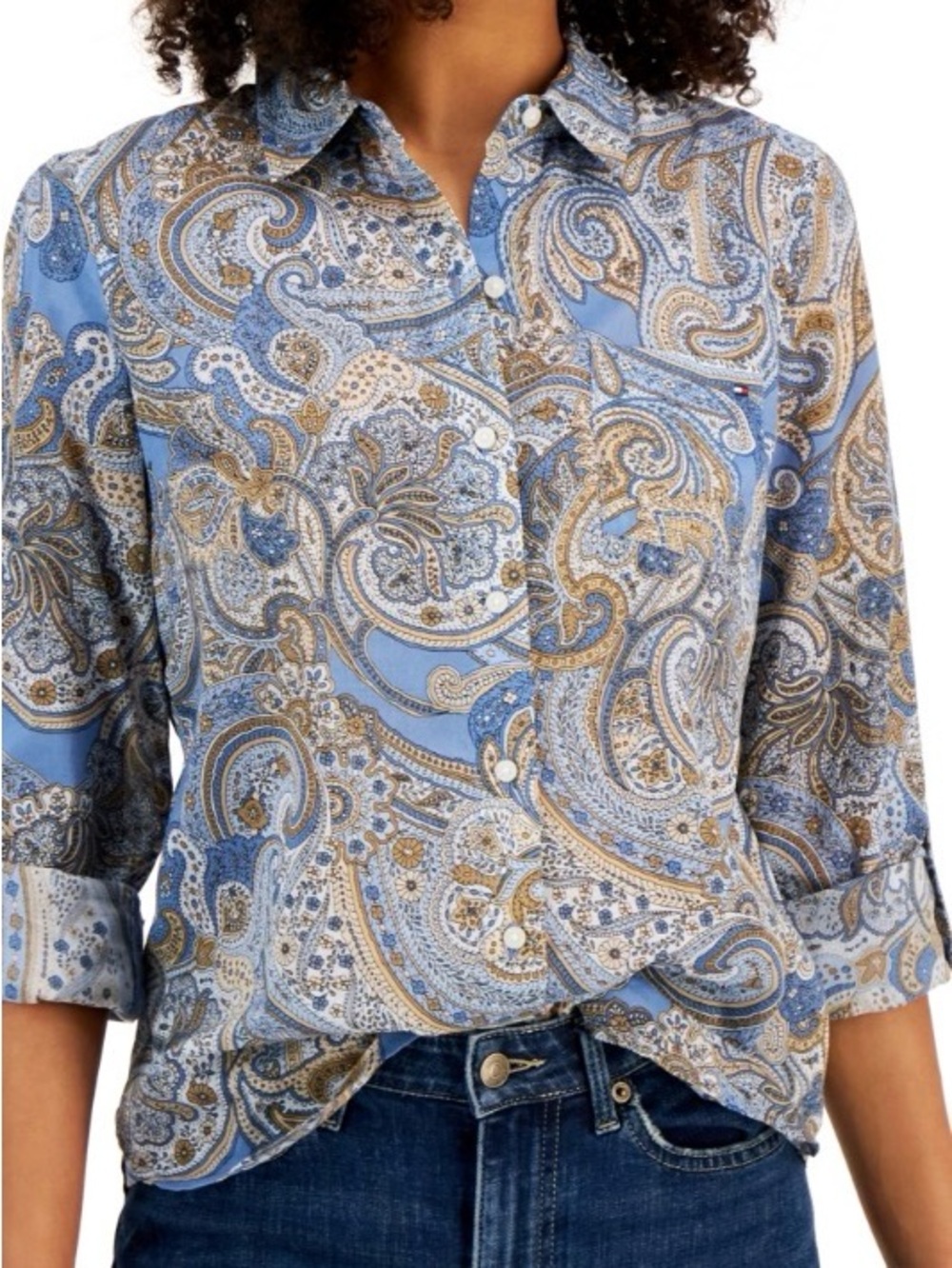 Tommy Hilfiger Paisley Button-Down Shirt in Light Blue and Tan18”p2p 24”L